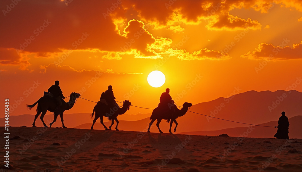 Fototapeta premium Star of Bethlehem Three Wise Men Silhouettes on camels in desert at sunset