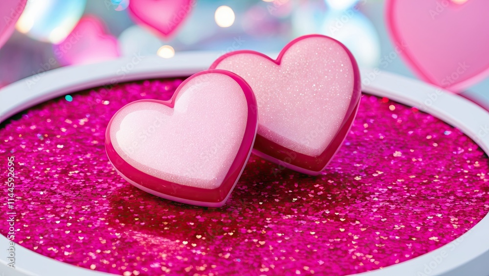Two stylized hearts one slightly overlapping on a glitter circle with festive background Two stylized hearts one slightly overlapping on a glitter circle with festive background