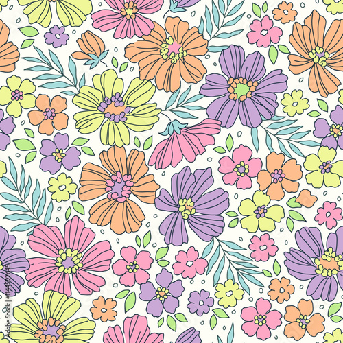 Wallpaper Mural Floral pattern. Pretty bright neon flowers on white background. Printing with small colorful flowers. Ditsy print. Seamless vector texture. Spring bouquet with daisy flowers. Stock vector print. Torontodigital.ca