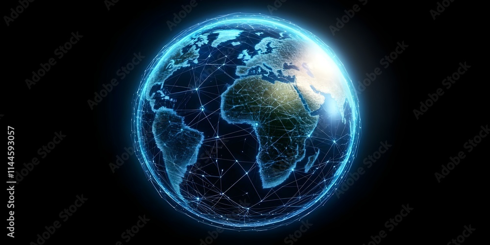 A glowing, interconnected digital globe highlighting continents with a network of lines and nodes, symbolizing global connectivity. Concept Digital Globe Visualization, Global Connectivity A glowing, interconnected digital globe highlighting continents with a network of lines and nodes, symbolizing global connectivity. Concept Digital Globe Visualization, Global Connectivity