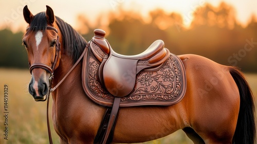 Majestic brown horse adorned with an intricately designed leather saddle against a serene sunset backdrop in a peaceful meadow, showcasing natural beauty and elegance. photo