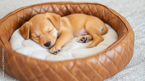 Adorable orange puppy peacefully sleeping in a cozy dog bed, showcasing tranquility and comfort with soft textures, perfect for pet lovers and home decor themes. photo