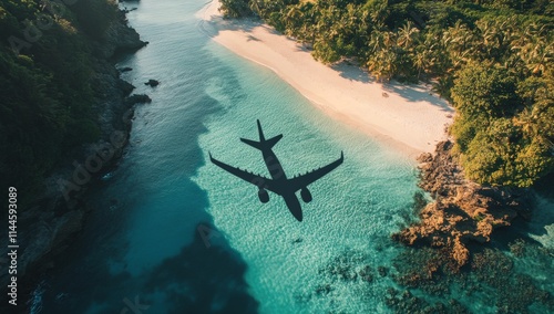 Shadow of an airplane glides over a turquoise beach surrounded by lush greene...