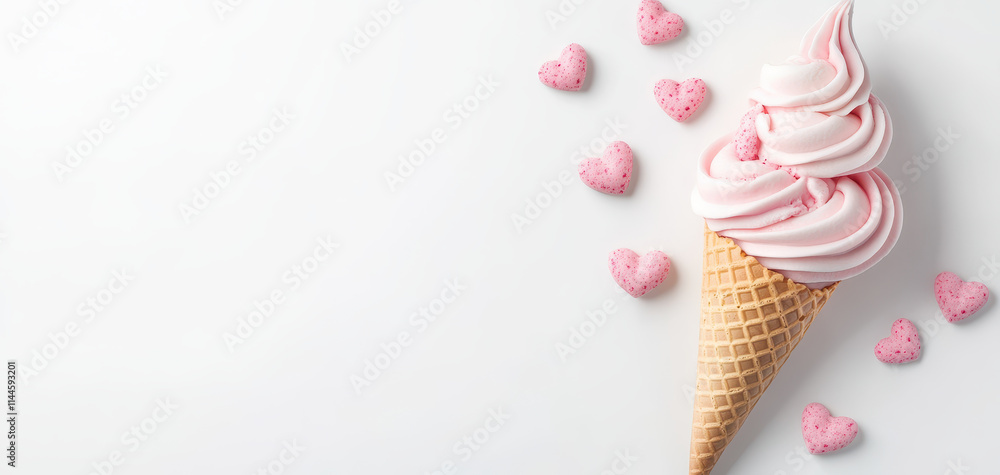 Delightful ice cream cone topped with soft pink swirls, surrounded by heart shaped candies, creating whimsical and sweet atmosphere. Perfect for dessert lovers Delightful ice cream cone topped with soft pink swirls, surrounded by heart shaped candies, creating whimsical and sweet atmosphere. Perfect for dessert lovers