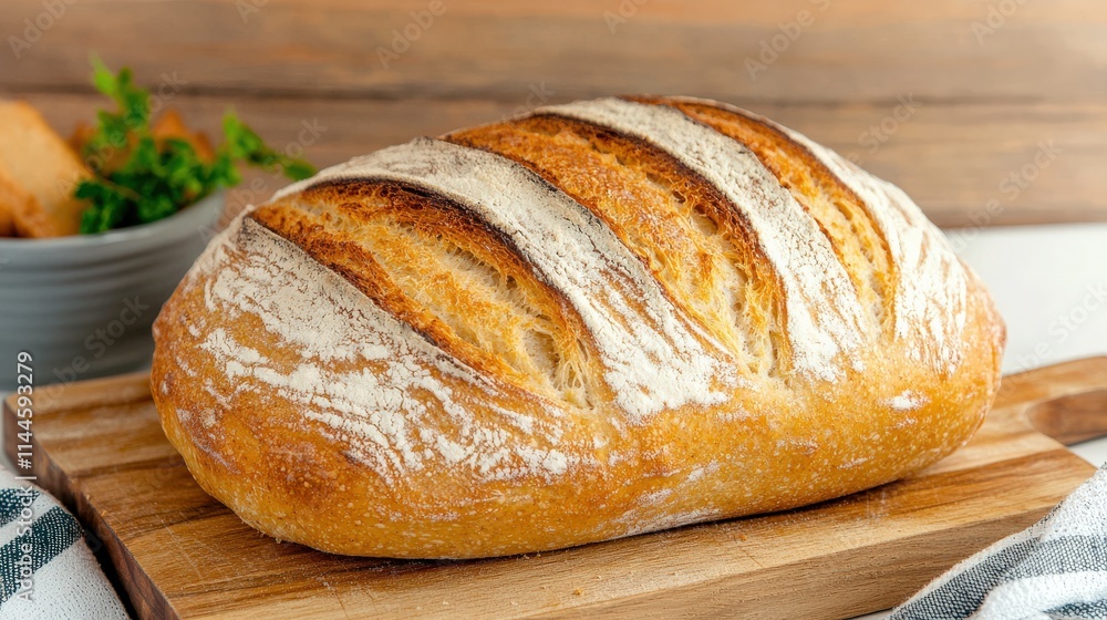 Freshly Baked Homemade Bread Loaf on Wooden Board Freshly Baked Homemade Bread Loaf on Wooden Board