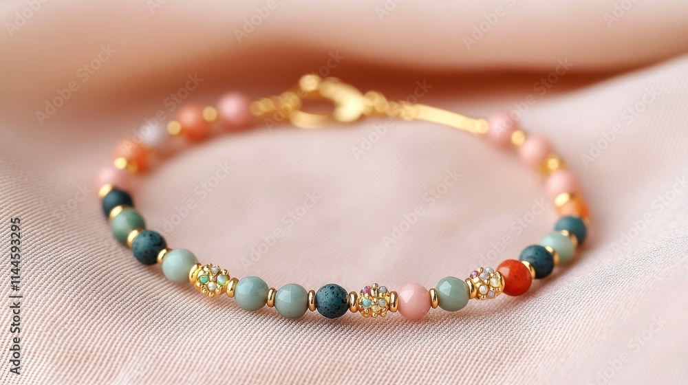 Delicate Handmade Bracelet Featuring Colorful Beads and Gold Accents on Soft Fabric Background for Jewelry Lovers and Fashion Enthusiasts Delicate Handmade Bracelet Featuring Colorful Beads and Gold Accents on Soft Fabric Background for Jewelry Lovers and Fashion Enthusiasts