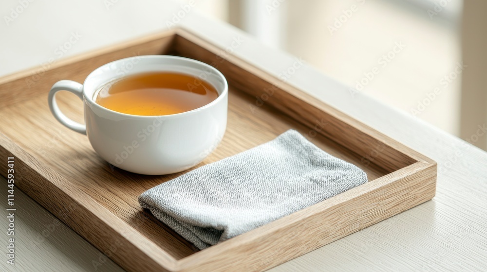 Cozy Tea Moment: A Warm Cup of Herbal Infusion on a Wooden Tray with a Soft Cloth Resting Beside It in a Calm Indoor Setting Cozy Tea Moment: A Warm Cup of Herbal Infusion on a Wooden Tray with a Soft Cloth Resting Beside It in a Calm Indoor Setting