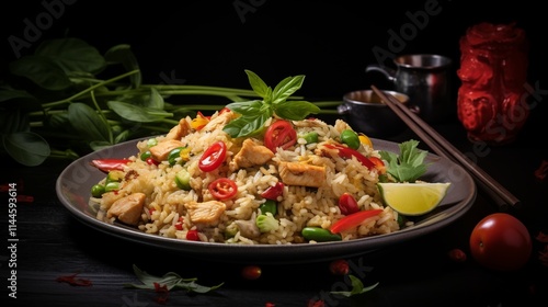 Thai fried rice with egg, prawns, and vegetables, ambient light, space on the left,generative ai illustration