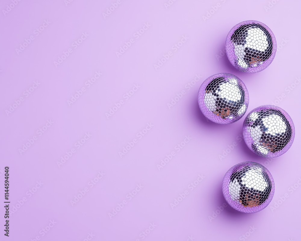 Shiny disco balls arranged on pastel purple background create vibrant and festive atmosphere, perfect for parties and celebrations Shiny disco balls arranged on pastel purple background create vibrant and festive atmosphere, perfect for parties and celebrations
