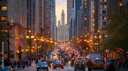 A busy city street with pedestrians, cars, and tall buildings, captured during rush hour with vibrant city lights