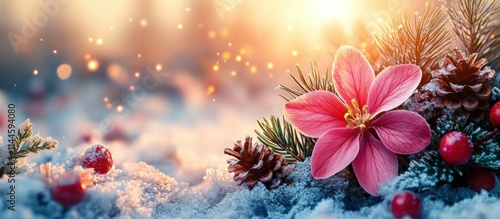 A serene winter scene featuring a pink flower amidst snow, pinecones, and festive elements.