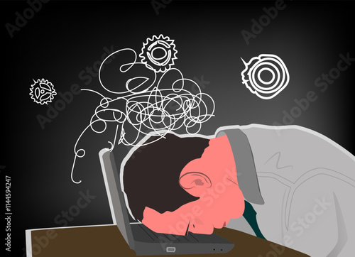 illustration of an employee or worker who is tired, dizzy from the work pressure he is experiencing, black background, white mesh