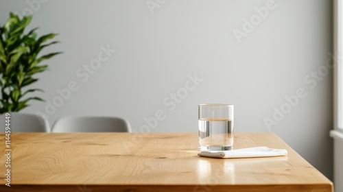 Clear glass of water on a wooden table with a white napkin, plant in background, and modern interior design, perfect for lifestyle and wellness themes photo