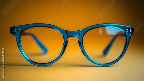 A pair of blue glasses with a yellow background