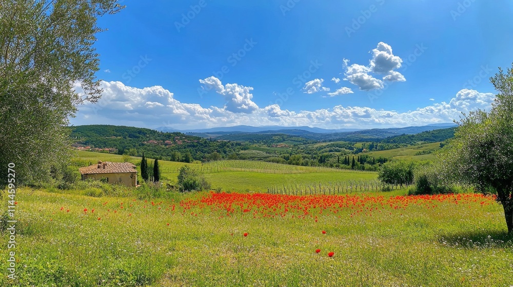 Fototapeta premium Vibrant poppy fields and rolling hills under a clear blue sky in Tuscany during spring