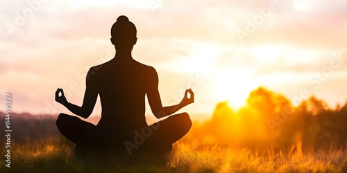 A person in a meditative pose silhouetted against a sunset, surrounded by nature. Concept Meditative Silhouette, Sunset Serenity, Nature's Embrace, Peaceful Reflection, Mindfulness in Nature