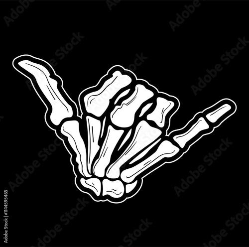 Skeleton hand showing shaka gesture on black background. vector illustration