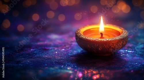 Vibrant diya illuminates dark space with a warm glow, enhancing the festive a...