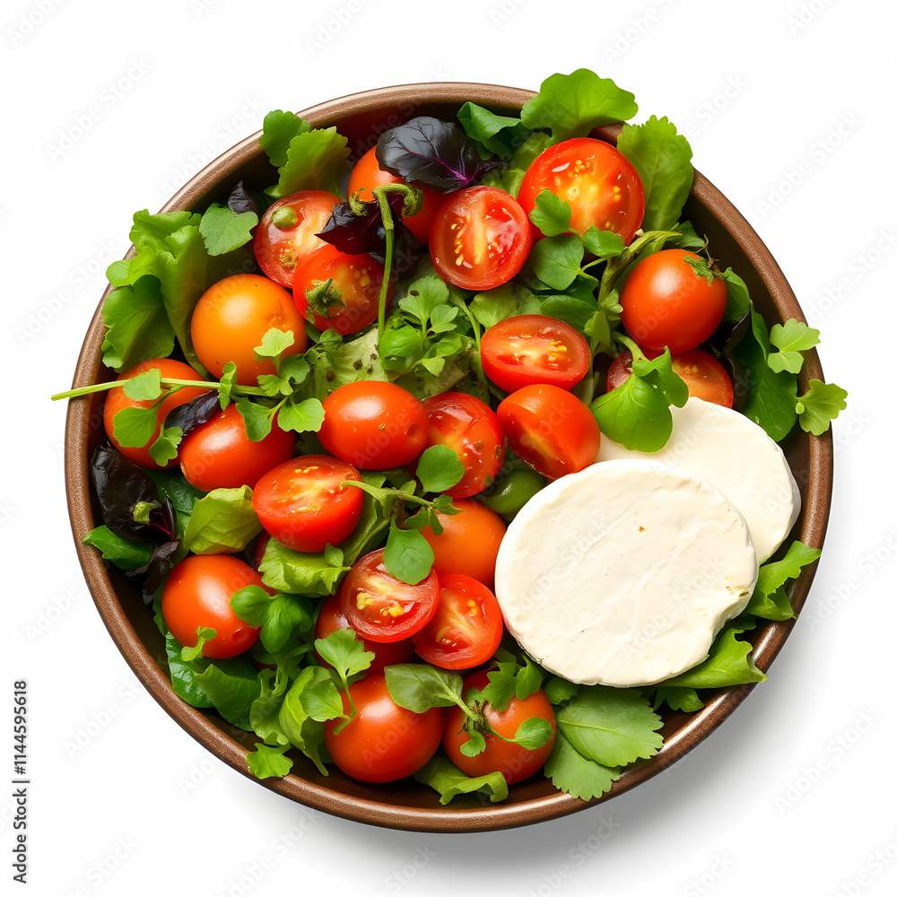 Tomato salad with mix micro greens and camembert cheese in a tray Tomato salad with mix micro greens and camembert cheese in a tray
