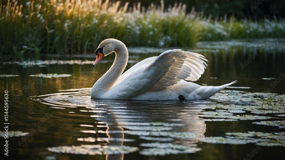 A graceful swan gliding serenely across a calm, reflective lake. A graceful swan gliding serenely across a calm, reflective lake.