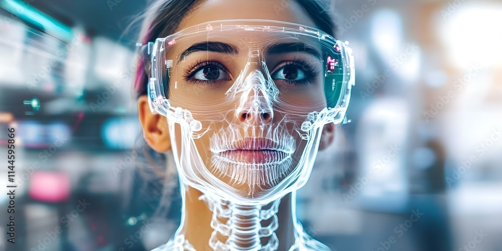 A digital representation of a woman with a transparent skull overlay, wearing futuristic glasses, blending technology and biology. Concept Digital Art, Futuristic Aesthetics, Tech-Biology Fusion A digital representation of a woman with a transparent skull overlay, wearing futuristic glasses, blending technology and biology. Concept Digital Art, Futuristic Aesthetics, Tech-Biology Fusion