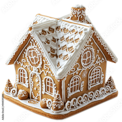 A Gingerbread House With White Icing And Snowflakes, A Christmas Cookie Isolated On A Transparent Background