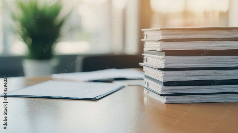 Stacked Folders and Documents on Office Desk with Soft Natural Light Creating a Productive and Organized Workspace Atmosphere for Professionals