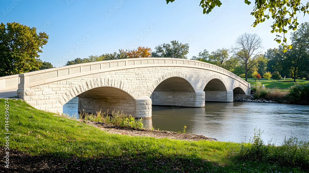Fototapeta premium Munich Stone Bridge with park and river views, tranquil German retreat