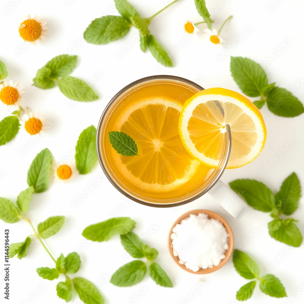 Top view a cup of chamomile tea with lemon mint leaves sugar on white surface horizontal Top view a cup of chamomile tea with lemon mint leaves sugar on white surface horizontal