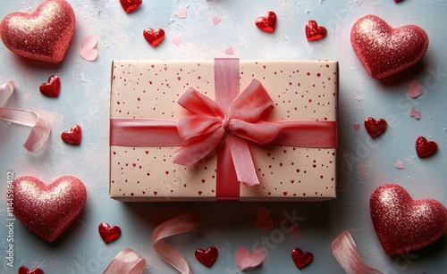 Romantic gift box surrounded by heart-shaped decorations for a special celebr...