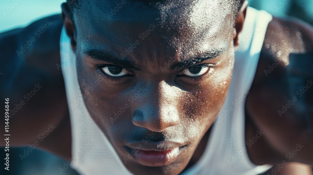 A close-up of a focused athlete with a determined expression, preparing to run at the starting line