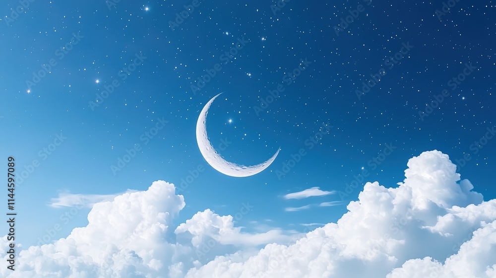 Crescent moon and stars in a night sky above fluffy clouds. Crescent moon and stars in a night sky above fluffy clouds.