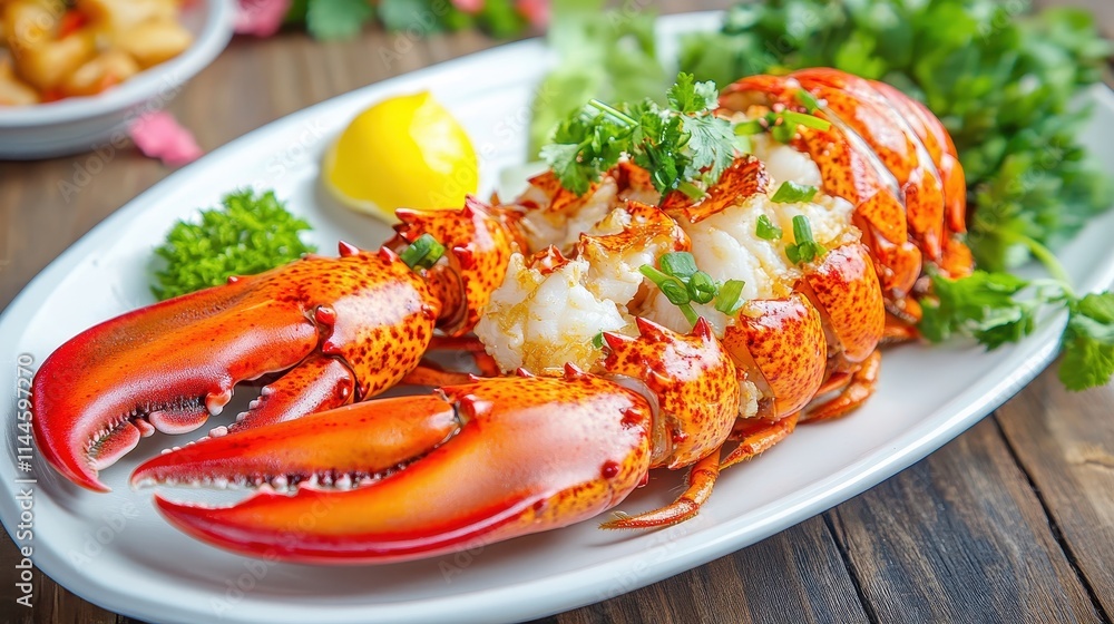 Freshly Cooked Lobster Served with Lemon and Green Garnish Freshly Cooked Lobster Served with Lemon and Green Garnish