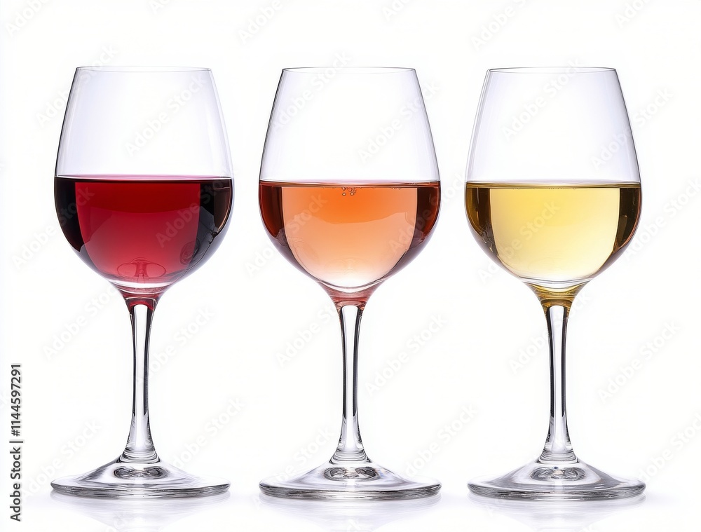 Three elegant wine glasses displaying rose, red, and white wines against a clean, bright background during a Three elegant wine glasses displaying rose, red, and white wines against a clean, bright background during a