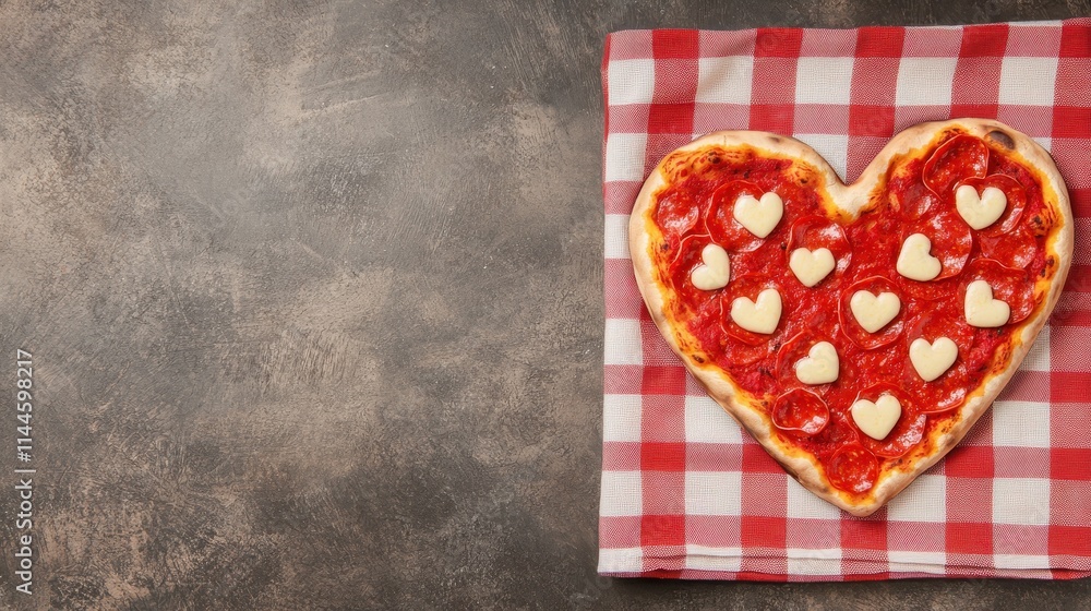 Obraz premium Romantic Heart-Shaped Pizza with Cheese Hearts on a Checkered Cloth