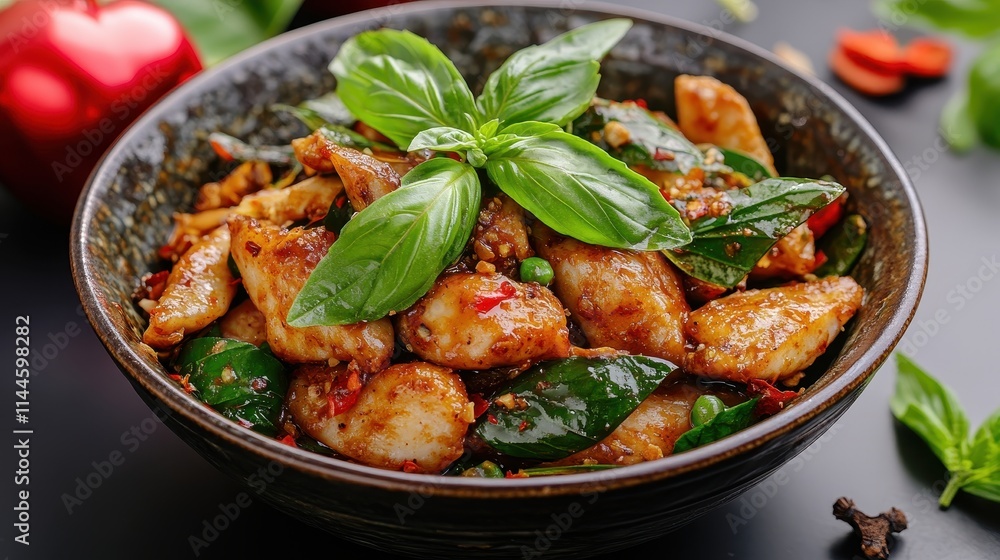 Delicious Thai Chicken Stir Fry with Fresh Basil Herbs and Spices Delicious Thai Chicken Stir Fry with Fresh Basil Herbs and Spices