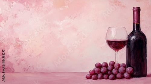 Red wine in a glass beside a bottle and freshly picked grapes on a soft pink ...