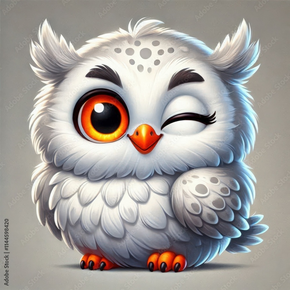 Naklejka premium This delightful creature features soft white feathers, a cheerful wink, and vivid orange accents. Its playful expression brings a touch of whimsy to any setting, perfect for inspiring joy