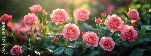 Beautiful pink roses bloom in a vibrant garden during golden hour, showcasing...