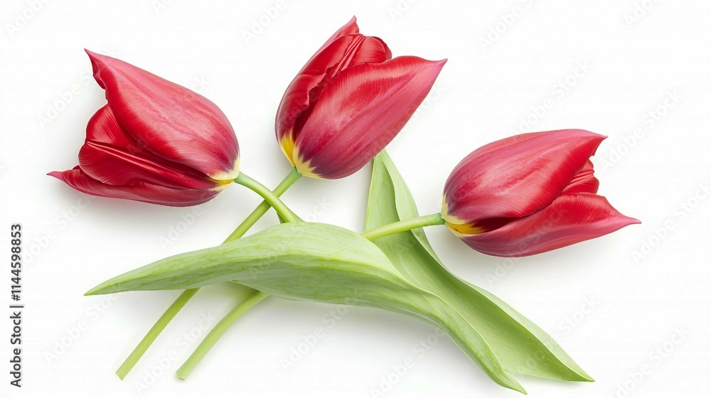 Elegant Red Tulips with Green Leaves on a White Background Elegant Red Tulips with Green Leaves on a White Background
