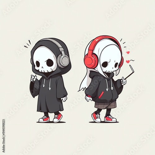 Grim Reapers Groove:  Cute Skeleton Duo with Headphones Enjoying Music photo