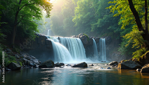 Enchanting national park scenery with cascading waterfall and tranquil river in lush green forest