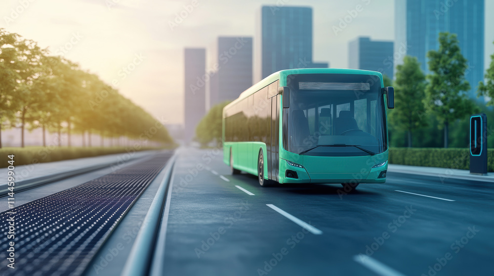 Obraz premium futuristic green electric bus driving on clean urban road with modern buildings