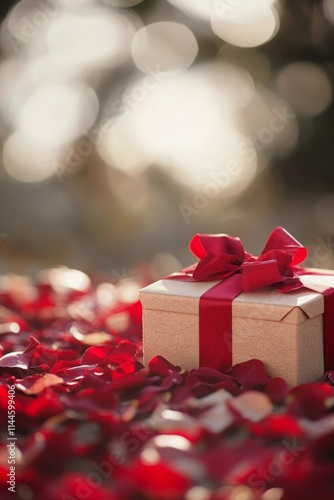 Beautifully wrapped gift box with red ribbon on red rose petals, creating a r...