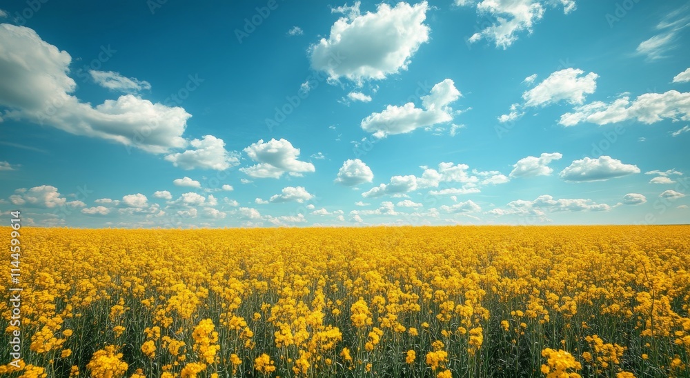 Vibrant yellow flower field under a bright blue sky with fluffy white clouds during midday sunlight Vibrant yellow flower field under a bright blue sky with fluffy white clouds during midday sunlight