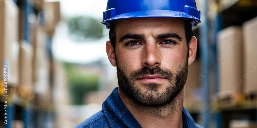 A man wearing a blue hard hat and work shirt, standing in an industrial or warehouse setting with boxes in the background. Concept Industrial Work Environment, Safety Gear, Warehouse Operations A man wearing a blue hard hat and work shirt, standing in an industrial or warehouse setting with boxes in the background. Concept Industrial Work Environment, Safety Gear, Warehouse Operations