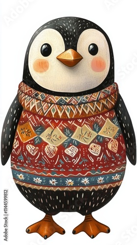 Adorable Penguin with Mother in Embroidered Sweater, Perfect for Children's Book or Card Design photo