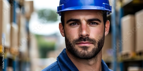 A man wearing a blue hard hat and work shirt, standing in an industrial or warehouse setting with boxes in the background. Concept Industrial Work Environment, Safety Gear, Warehouse Operations