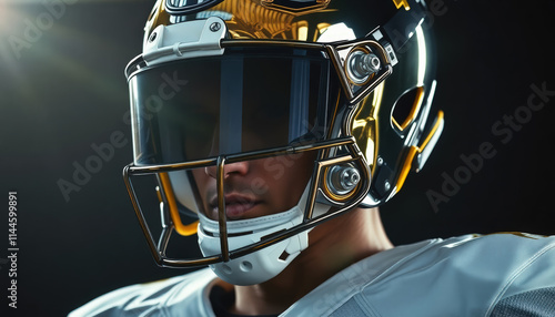 Detailed close-up of a golden football helmet with a black visor, showcasing intricate design and modern sports equipment. photo