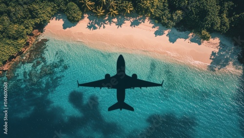 Shadow of an airplane glides over a turquoise beach surrounded by lush greene...